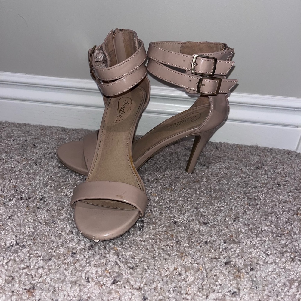 Candies tan double strap buckle heel
